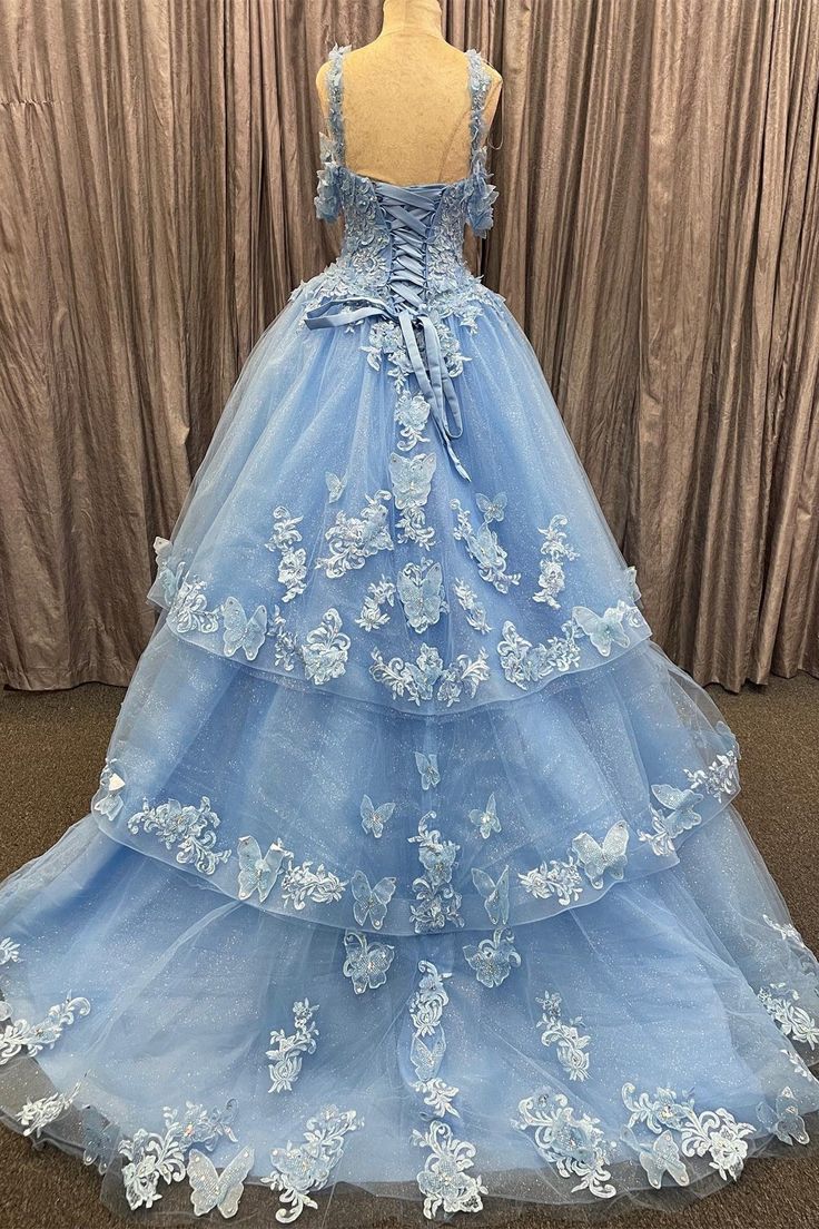 Blue Tulle Sweetheart Multi-Layer Ball Gown with 3D Floral Lace Prom Gown fg4649