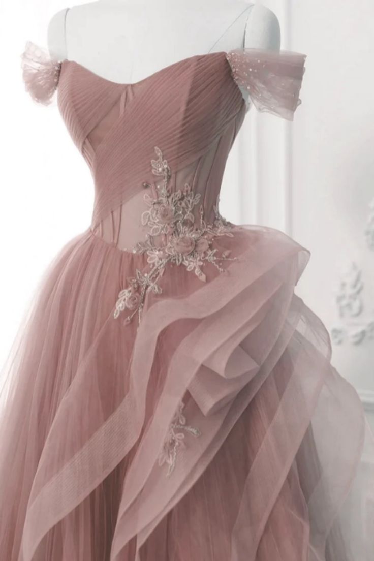 Pink Tulle Off Shoulder Long Prom Dresses with Lace Appliques, Off the Shoulder Pink Formal Dresses, Pink Evening Dresses fg4919
