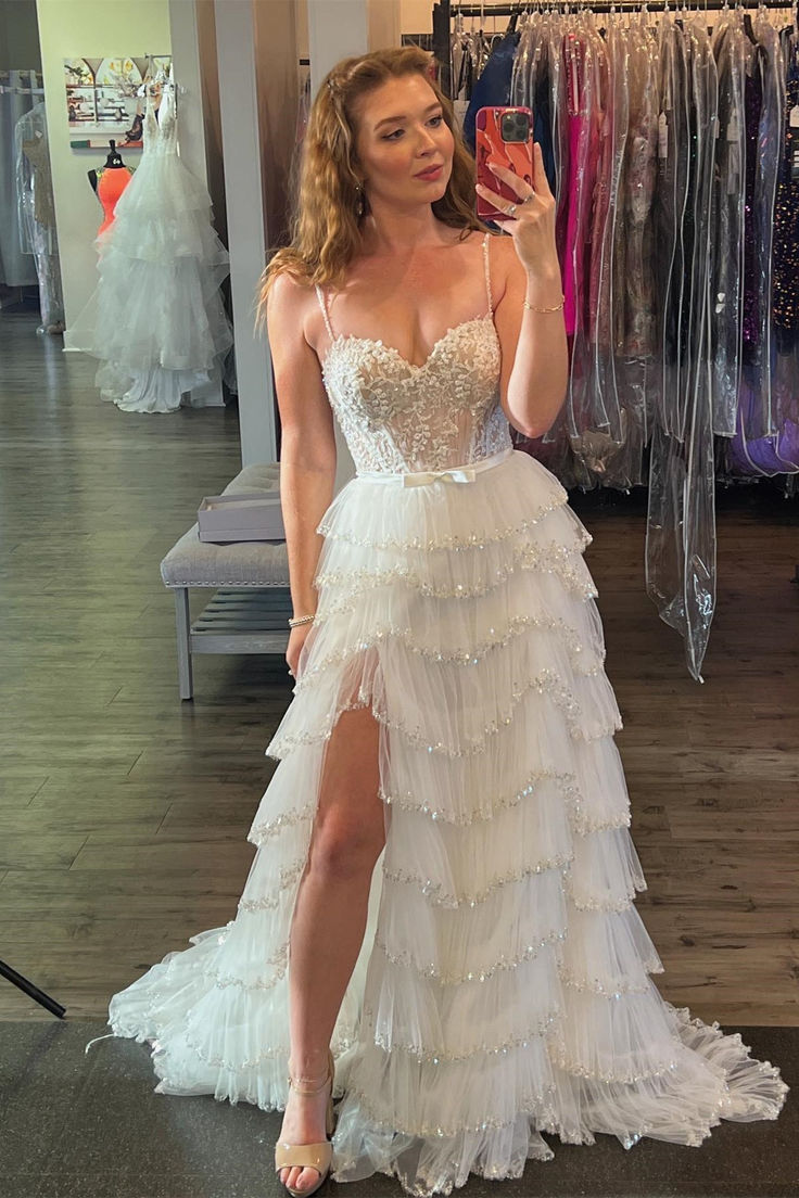 White Straps Floral Sequined Multi-Layers Long Prom Dress with Slit fg4743