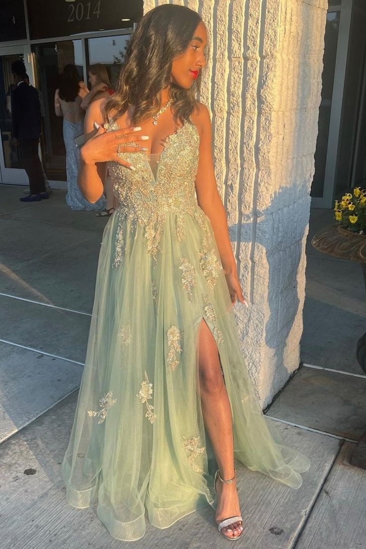 Green V-neck Lace Long Prom Dress, A-Line Evening Dress with Slit fg4833