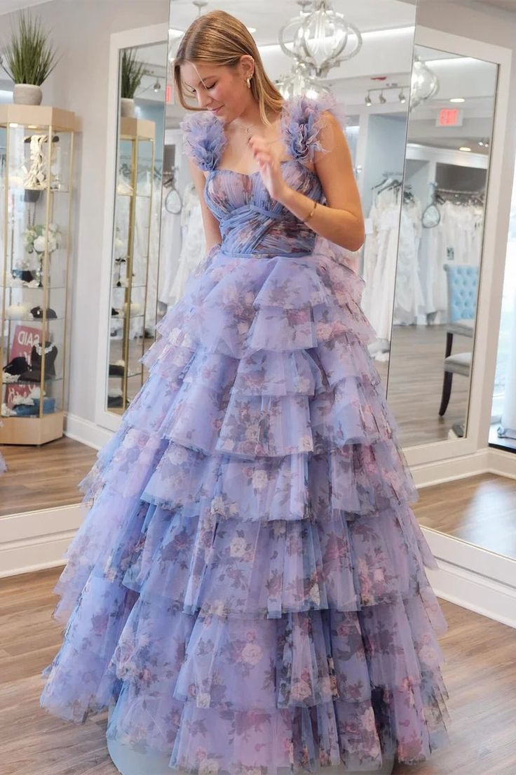Print Flutter Sleeve Ruffle Tiered Long Prom Dress fg4607
