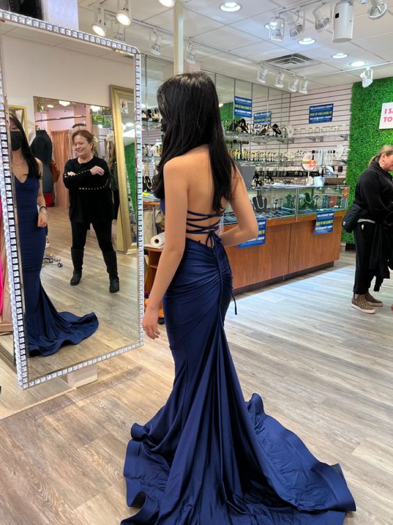 Navy Mermaid Prom Dress,Backless Evening Gown fg5040