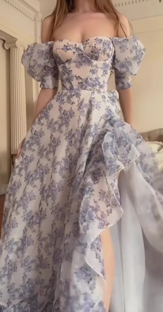 Floral Prom Dresses, Off The Shoulder Party Dress, Chiffon Evening Gown fg4629
