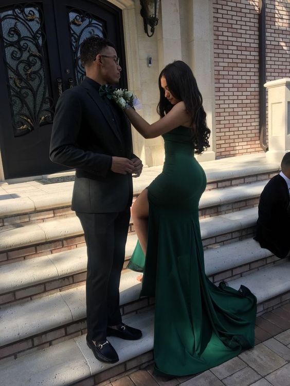 Green Strapless Mermaid Split Long Prom Dresses With Sweep Train, Mermaid Green Formal Dresses, Evening Dresses fg5043