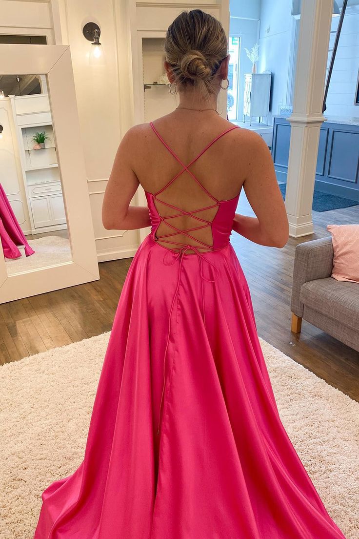 A Line Spaghetti Straps Hot Pink Long Prom Dress with Split Front Evening Dresses fg4958