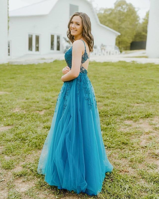 Open Back Tulle Long Prom Dress with Appliques and Beading,Formal Dress,Evening Dress fg4610