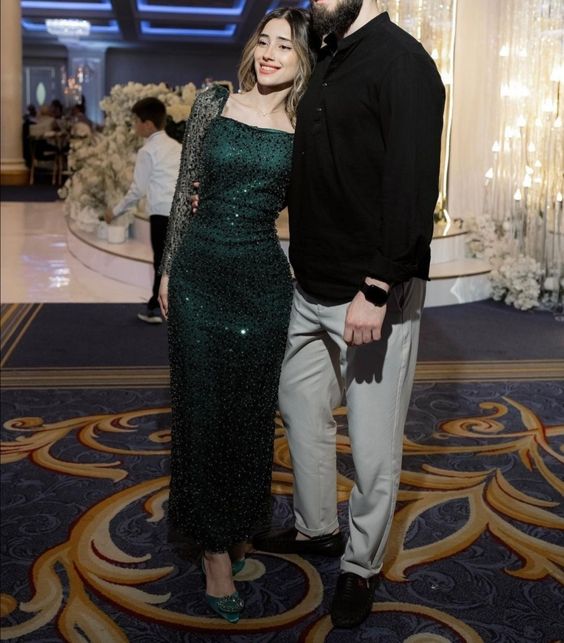 Green Sequin Prom Dress Long Sleeves Evening Gown fg4675