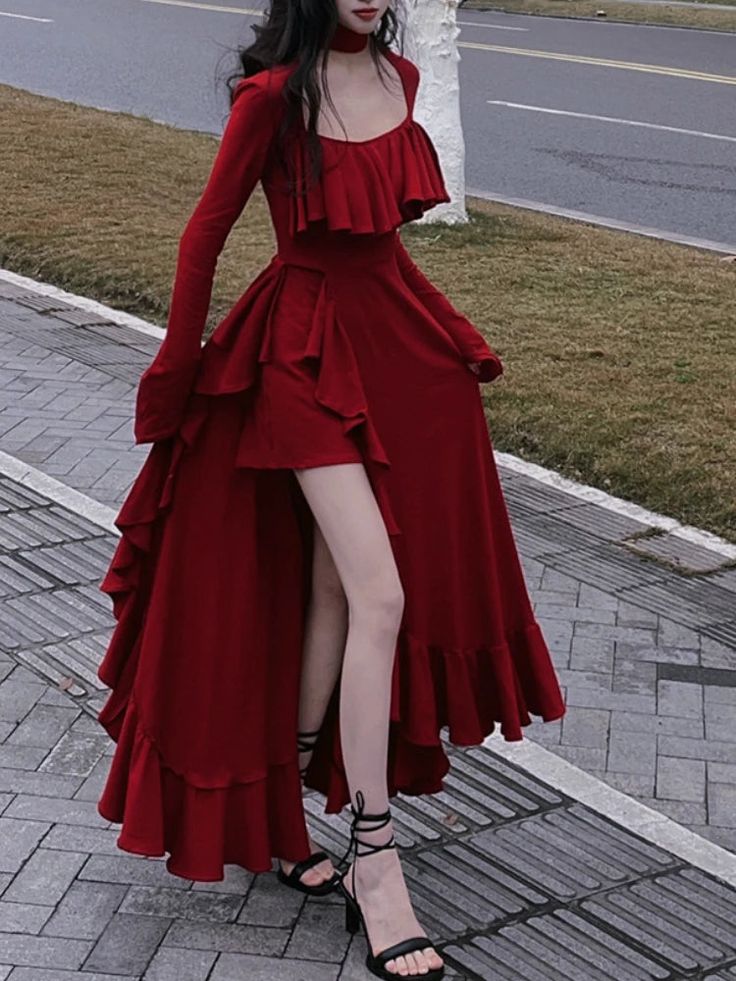 Vintage Elegant Dress Women Flare Sleeve Sweet Long Irregular Dress fg4904