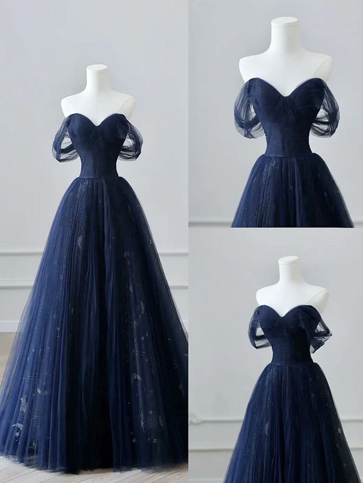 A-Line Off Shoulder Tulle Lace Dark Blue Long Prom Dress, Dark Blue Long Evening Dress fg5177