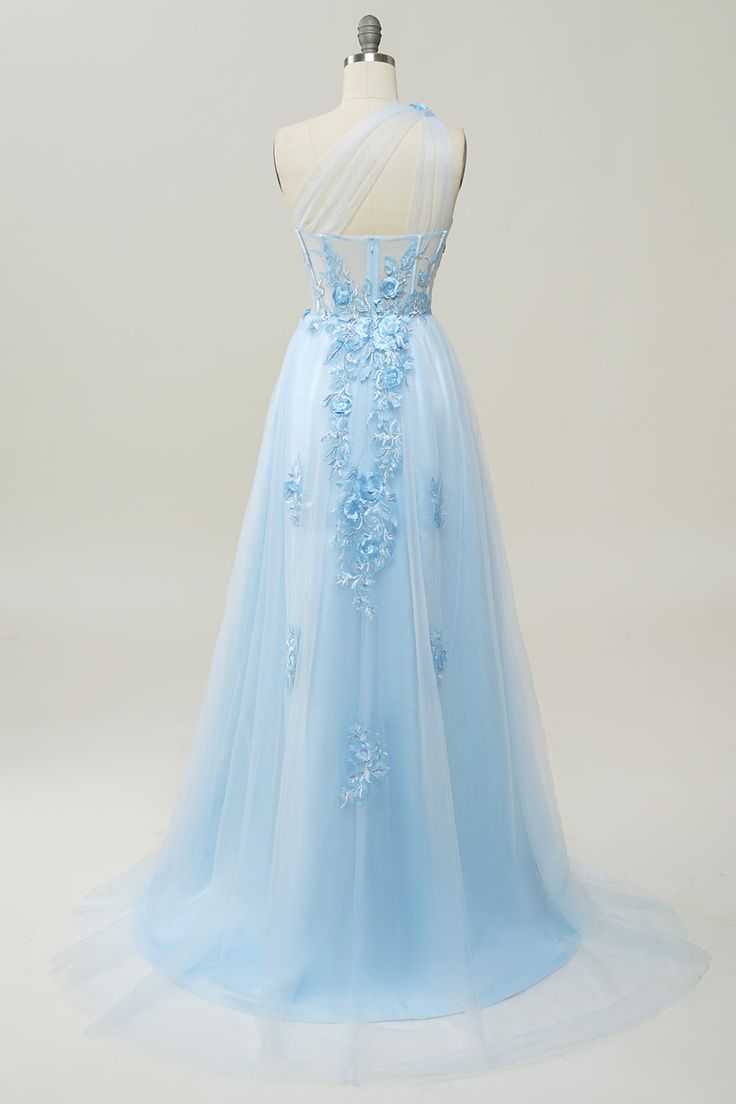 A Line One Shoulder Sky Blue Long Prom Dress with Appliques fg4713