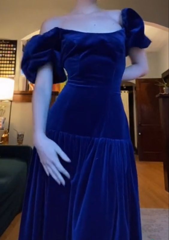 Vintage Blue Prom Dresses Elegant Dress Velvet Prom Gown fg4618
