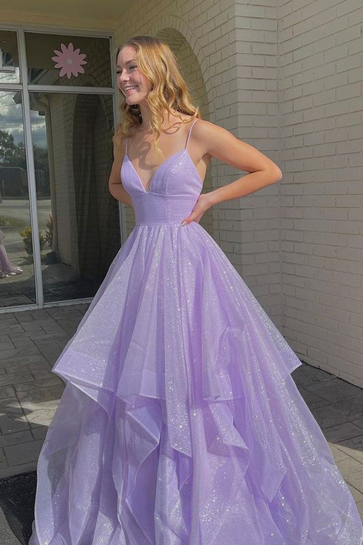 Purple V Neck Tulle Long Prom Dress Purple Evening Dress fg4772