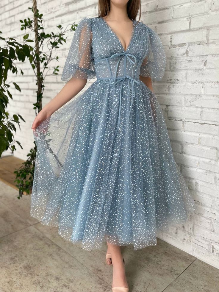 A line Tea Length Gray Blue Prom Dress, Gray Blue Formal Wedding Party Dress fg5298