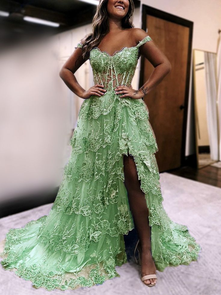Elegant sage green a-line prom dress, off the shoulder lace split gown fg5182