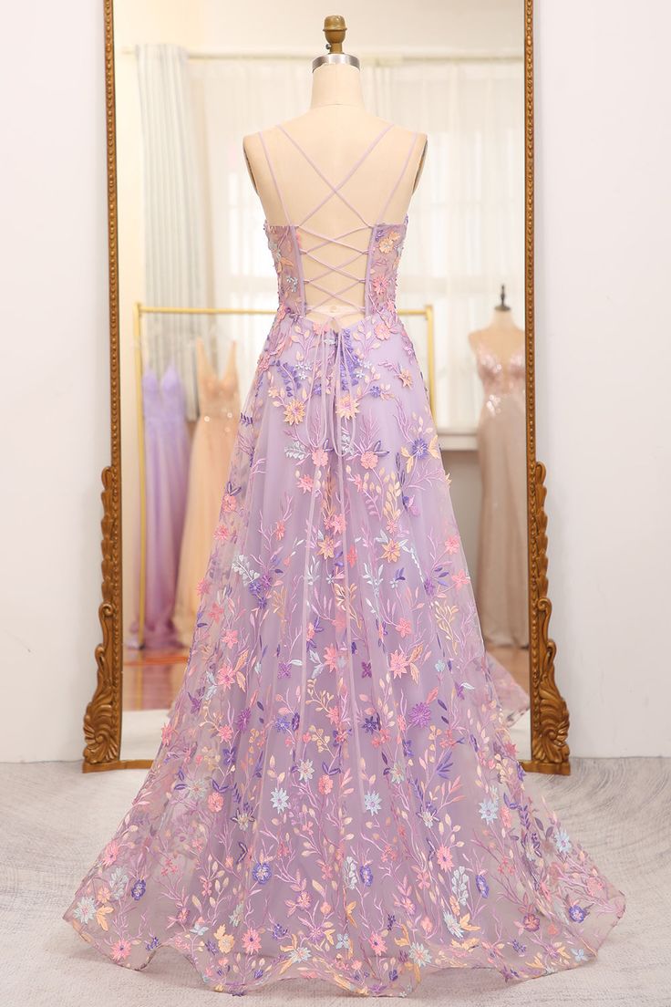 A-Line Tulle Lace Up Long Prom Dress With Appliques And Split fg5027
