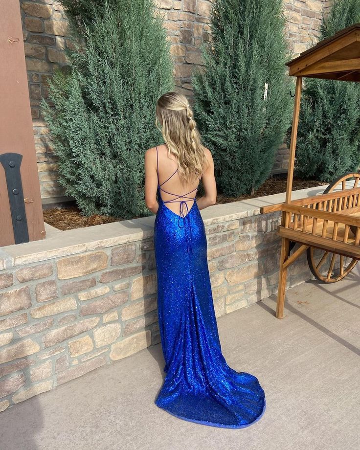 Cute Mermaid Scoop Neck Royal Blue Sequins Long Prom Dresses with Slit fg4235