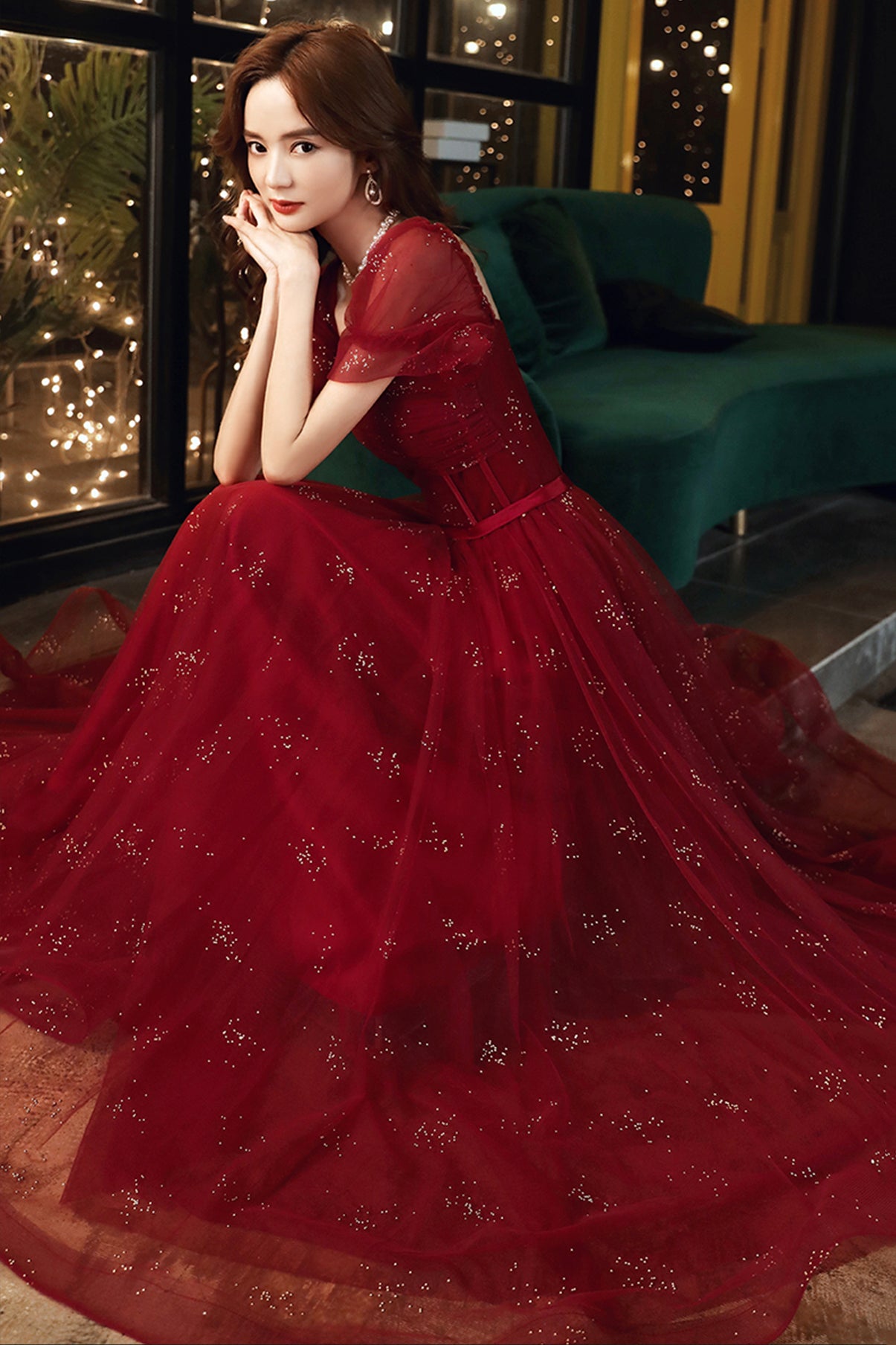 Burgundy Tulle Sequins Long A Line Prom Dress Evening Dress fg4234