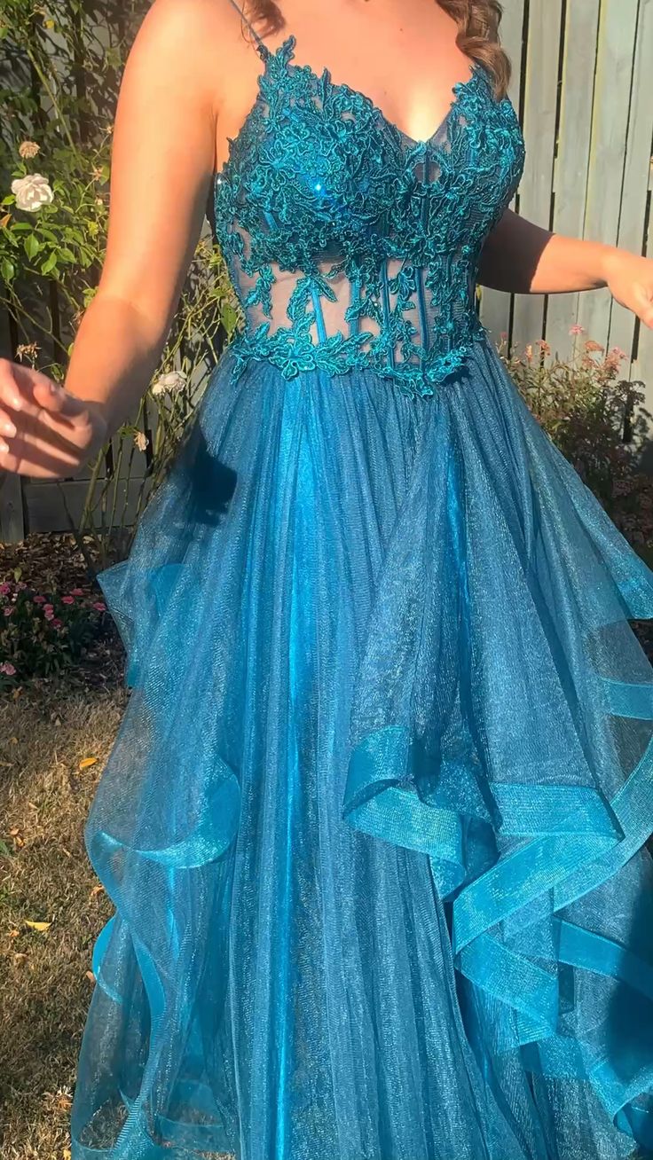 A-line Spaghetti Straps V Neck Tulle Lace Long Prom Dress Formal Dress fg4302