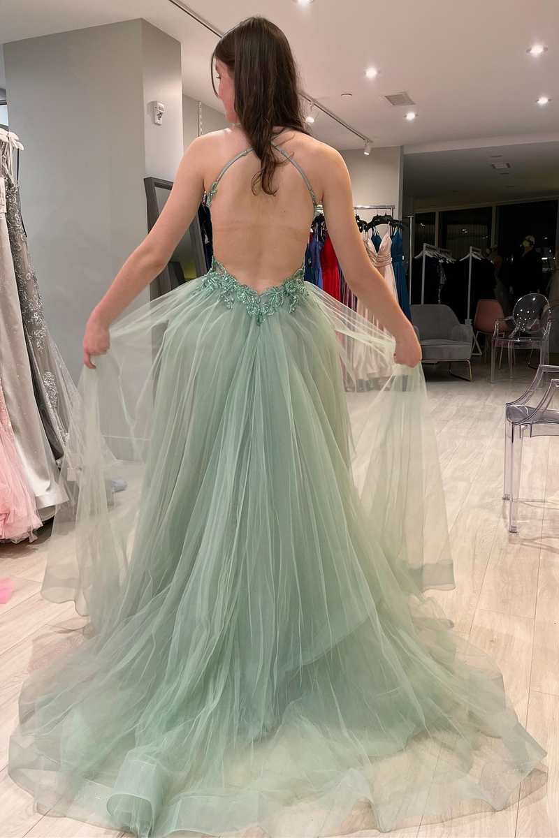 Sage Green Tulle Floral Lace Backless A-Line Prom Dress with Slit fg4185