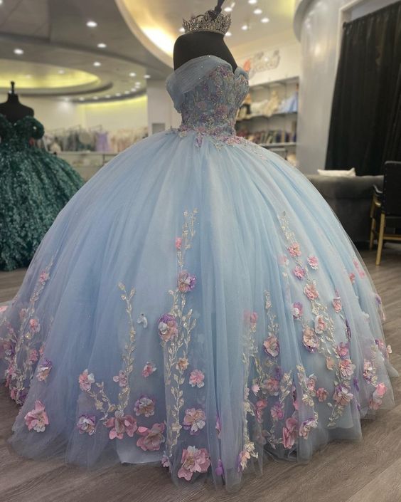 Elegant Blue Ball Gown Quinceanera Prom dresses Applique Lace Sweet 16 Formal Dress fg4052