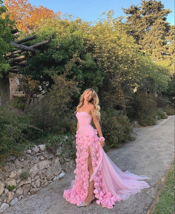 Charming Pink Strapless High Slit Flower Prom Dress fg4142