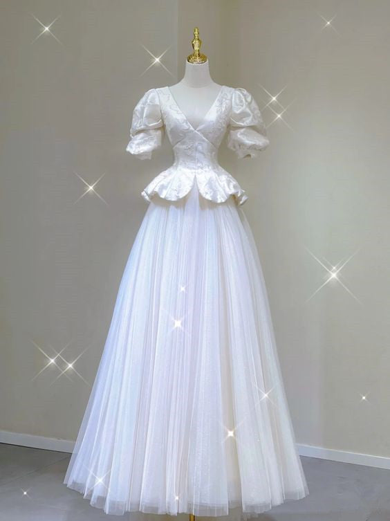 White Satin V Neck Short Sleeve Long Prom Dress fg3842