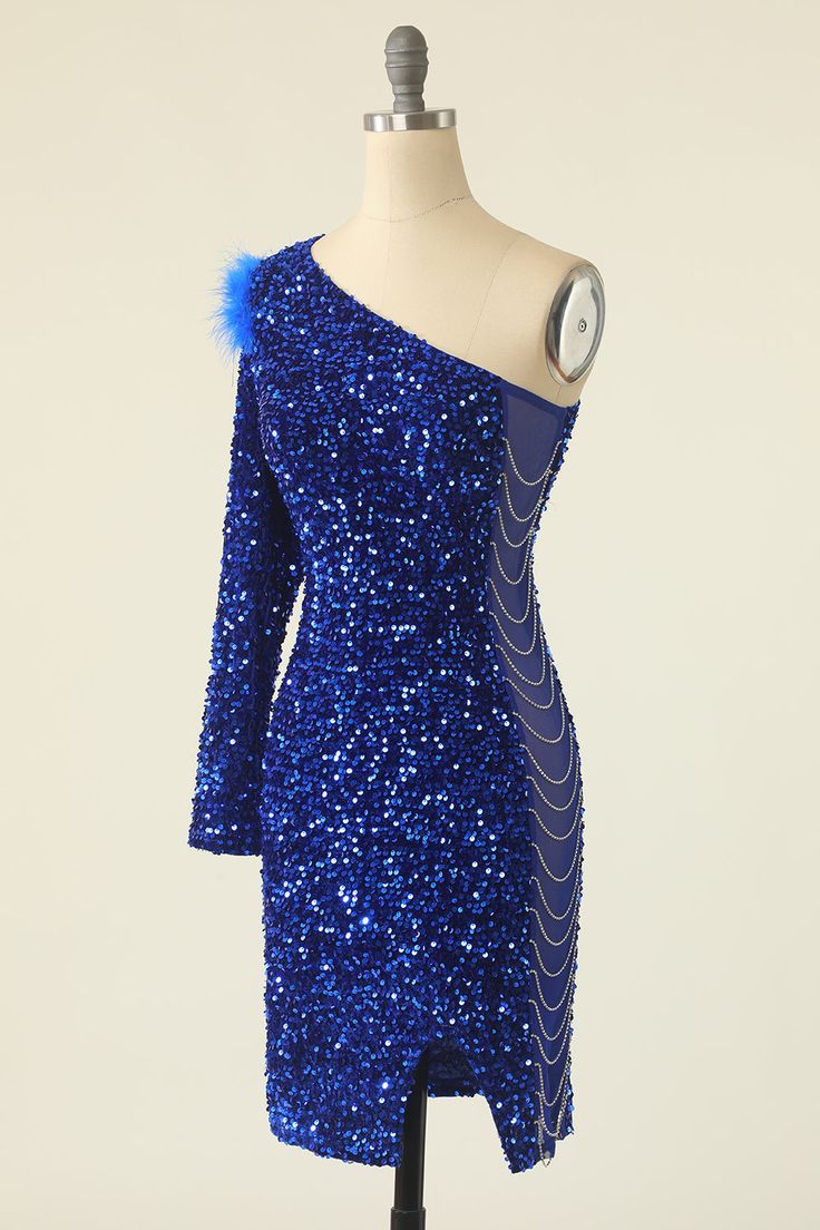 One Shoulder Sequined Cocktail Dress With Feathers fg3845