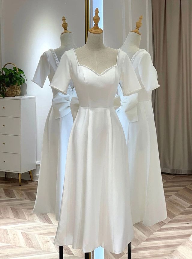White Satin Short Sleeve Short Wedding Dress fg4074