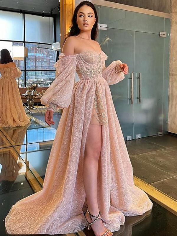Sexy Sweetheart Side Slit A-line Sequin Long Prom Dresses fg4135