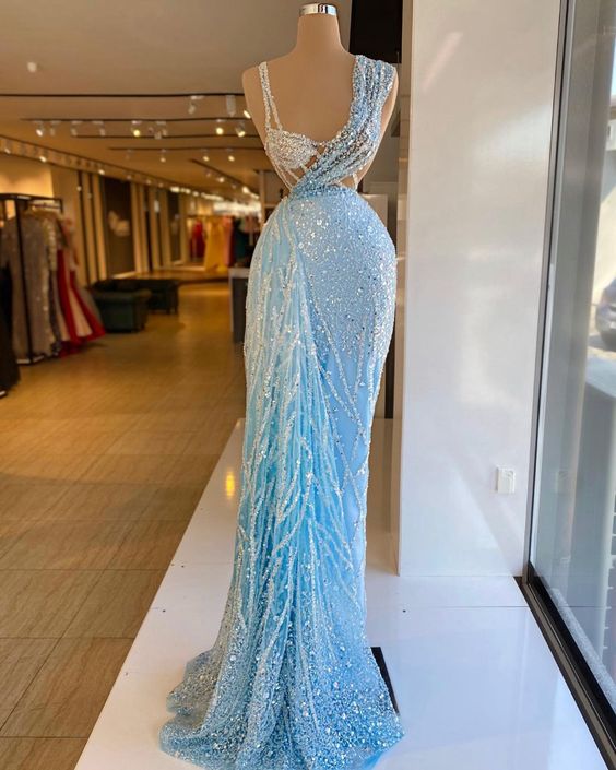 Luxury Sky Blue Evening Dresses Crystals Beaded Sleeveless Mermaid Long Length Tulle Sexy Women Prom Pageant Gowns fg4294