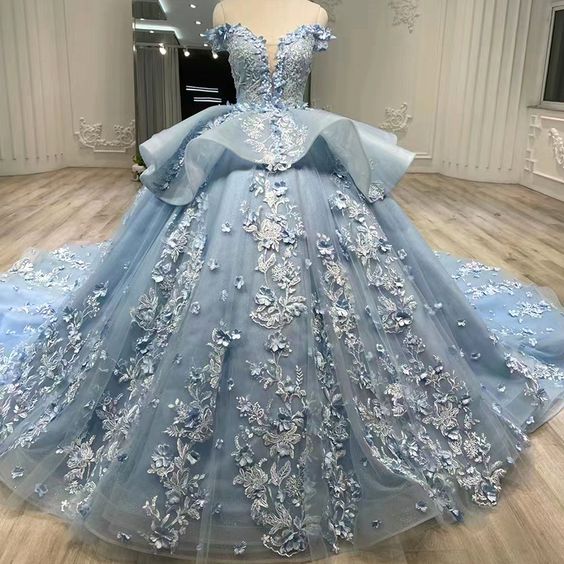Blue Off Shoulder Ball Gown Prom Dress Sweet 16th Dress fg3821