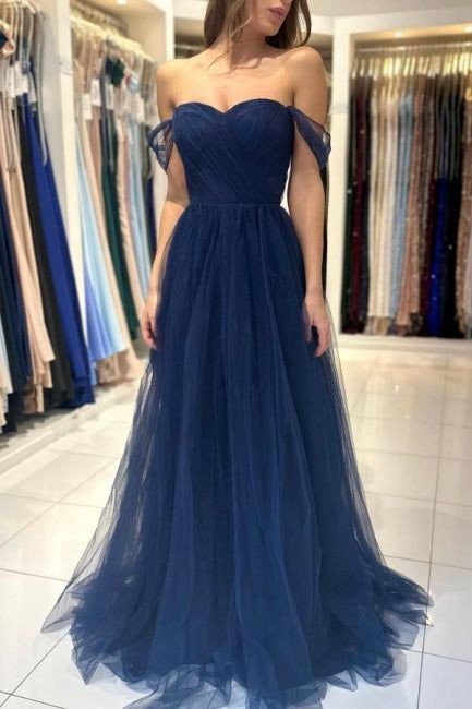 Elegant Long Navy Blue Off-the-shoulder A-line Sleeveless Prom Dresses fg4312