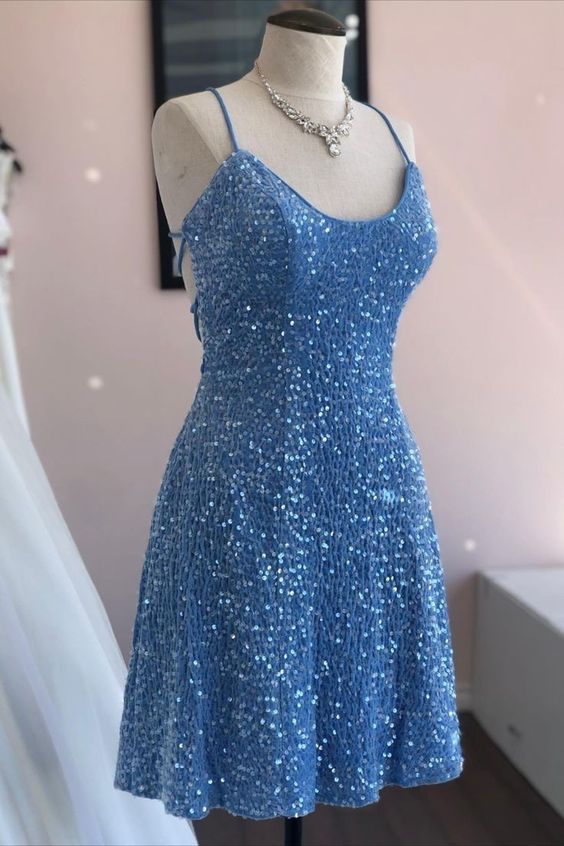 Straps Blue Sequin Homecoming Dress Short Princess Dress fg4318