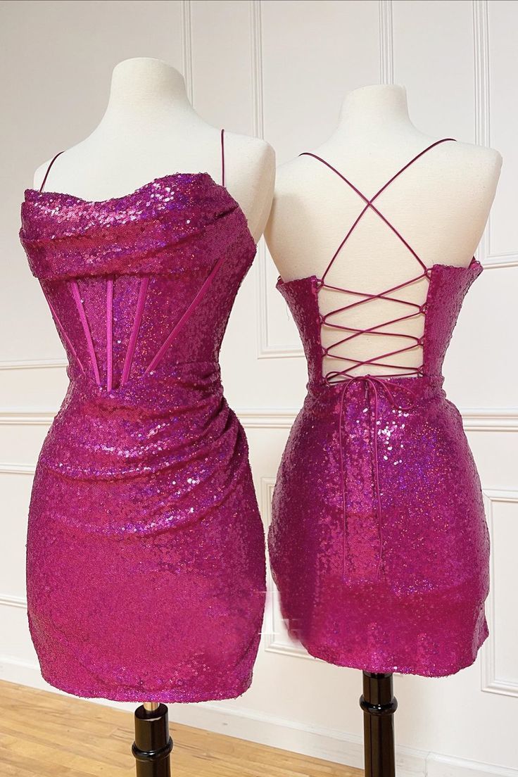 Fuchsia Sequin Cowl Neck Tight Mini Dress homecoming dress fg3881