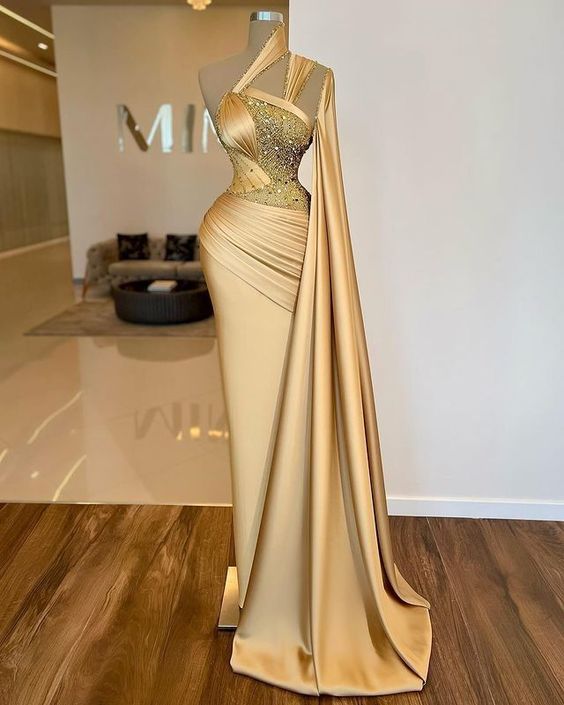 Gold Sparkle Crystals Sequins Beading Evening Dresses Arabic Aso Ebi Unique One Shoulder With Wrap Prom Party Gowns fg4157