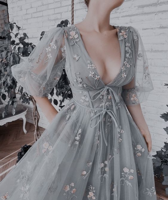 A Line V Neck Gray Tulle Prom Dress, Evening Dress fg3998