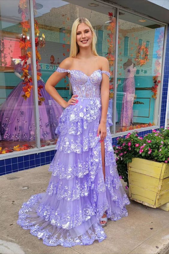 Lilac Lace Sweetheart Tiered Long Prom Dress with Slit fg4212