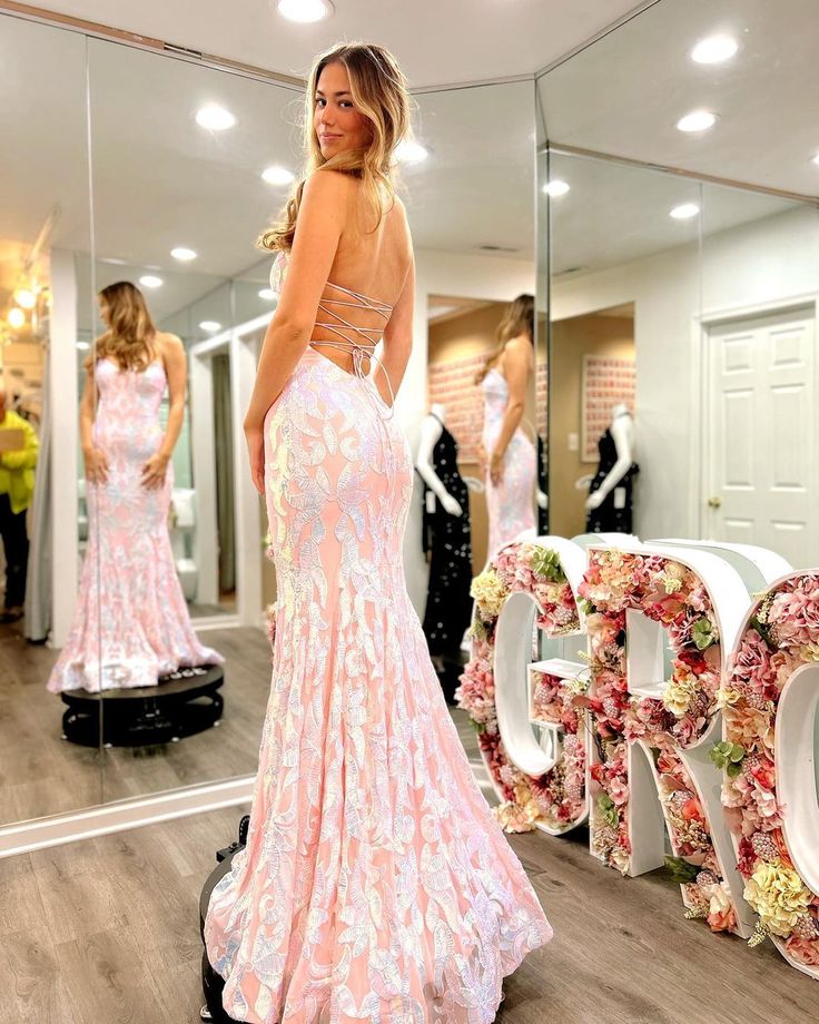 Cute Mermaid Scoop Neck Blush Pink Satin Prom Dresses with Sequins Lace fg4320