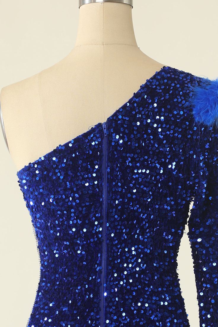 One Shoulder Sequined Cocktail Dress With Feathers fg3845
