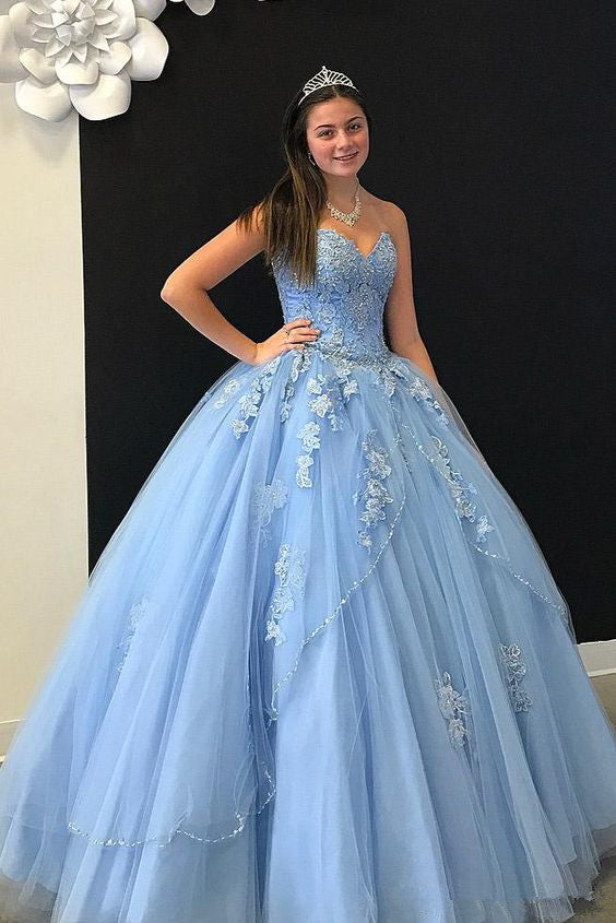 Elegant Baby Blue Cheap Ball Gown Quinceanera Prom dresses Sweetheart Neck Applique Lace Crystal Beaded Sparkly Sequin Sweet 16 Formal Dress fg4050