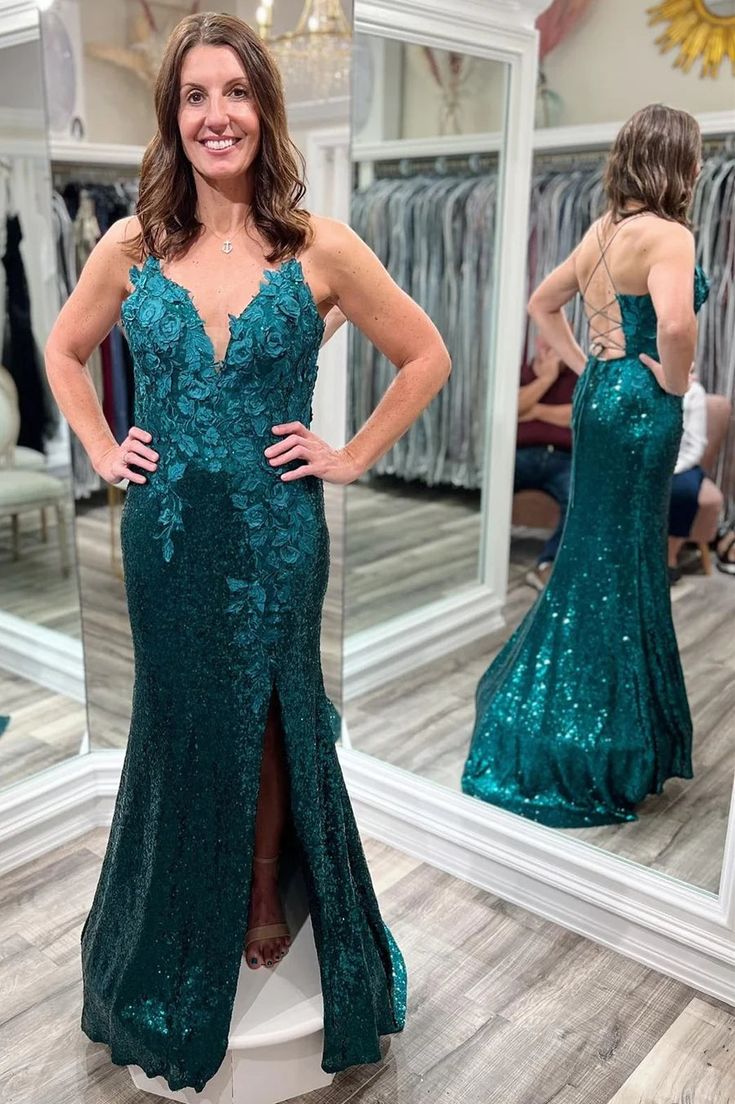 Forest Green Sequin 3D Floral Lace Plunge V Long Formal Dress fg4254