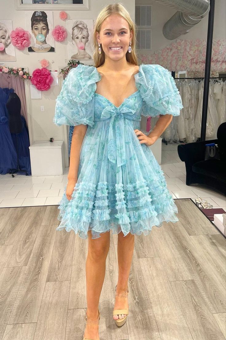 Blue Floral Print Short Baby Doll Homecoming Dress with Balloon Sleeves fg3590