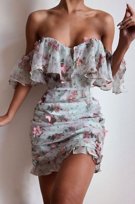 Floral Print Ruched Chiffon Women Dress Ruffle off Shoulder Elegant Sexy Party Short Prom Dress fg3560
