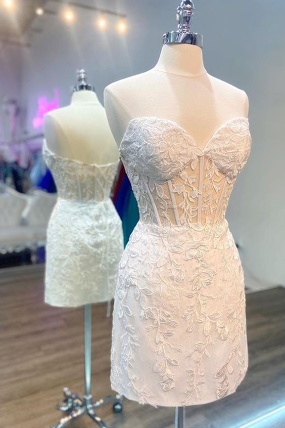 Strapless Short White Lace Prom Dresses, Short White Lace Formal Homecoming Dresses fg3718