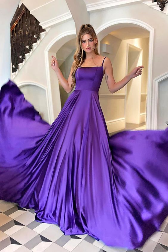 A-line Satin Scoop Neck Long Prom Dress Straps Formal Dress fg4066