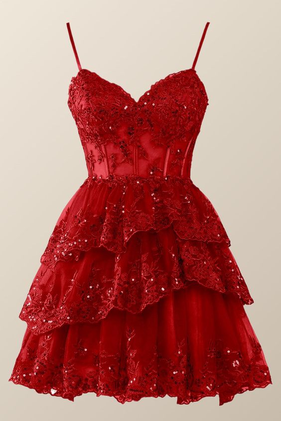 Robe de princesse courte à bretelles et appliques rouges, à volants et à volants, fg4314