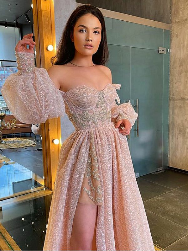 Sexy Sweetheart Side Slit A-line Sequin Long Prom Dresses fg4135