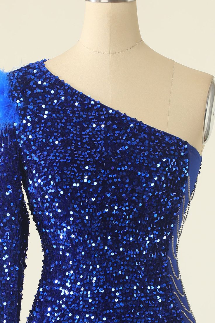 One Shoulder Sequined Cocktail Dress With Feathers fg3845
