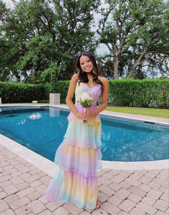 Maxi Dress Rainbow Chiffon long prom dresses, evening dresses,party dresses, formal dress fg3395