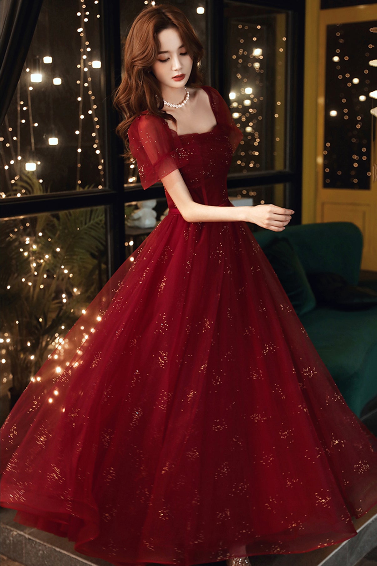 Burgundy Tulle Sequins Long A Line Prom Dress Evening Dress fg4234